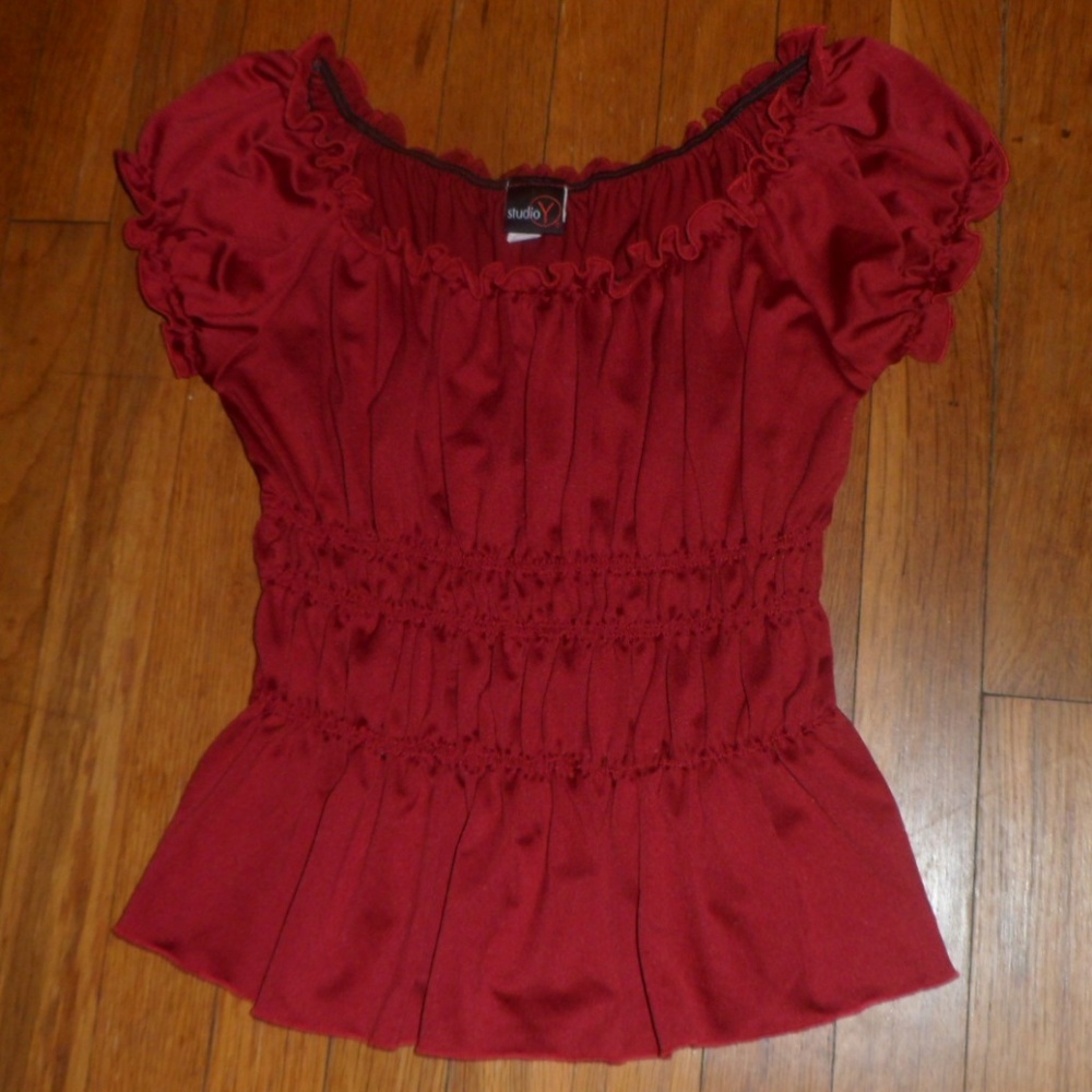 Studio Y Stretchy Dark Red Blouse w Ruffles - M